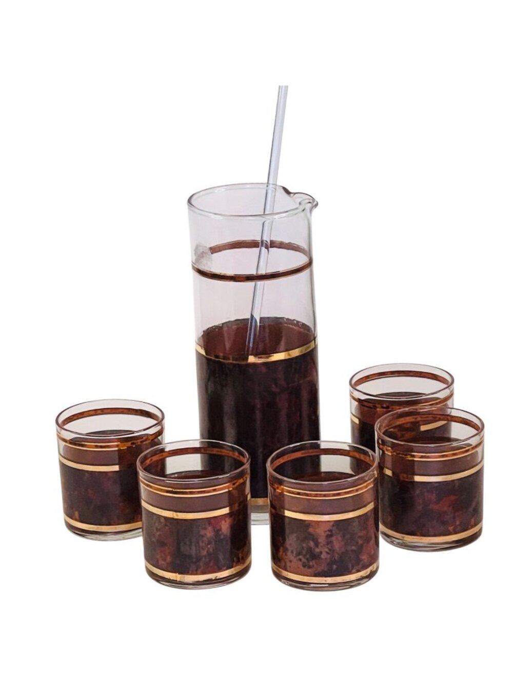 Culver Tortoise Cocktail Set Barware Glass Pitcher 4 Tumblers Stir Stick Vintage